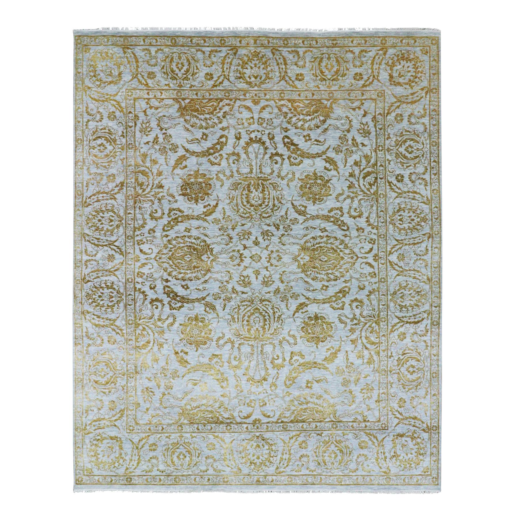8'x10' Beau Blue with Golden Brown, Persian Influence Design, Tone on Tone, Wool & Silk, Hand Knotted, Oriental Rug 